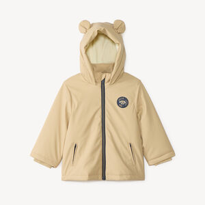 Parka de goma para bebé niño forrada de micropolar con capucha con orejas. 