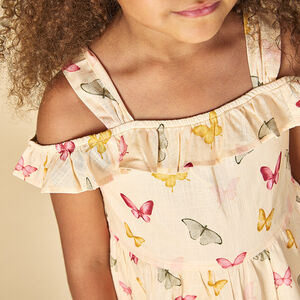 Vestido con hombros caídos estampado mariposas para niña 