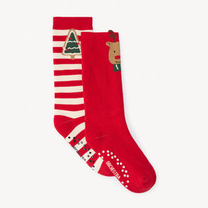 Lot de 2 paires de chaussettes hautes de Noël antidérapantes pour enfant  Main Lot de 2 paires de chaussettes hautes de Noël antidérapantes pour enfant