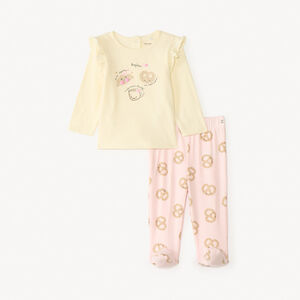Conjunto de 2 piezas de pijama camiseta + pantalón con estampado de desayuno para niña bebé con acabados diferentes según la edad. 