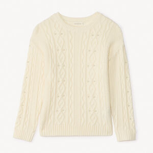 Suéter oversize de punto trenzado con perlas para niña. 