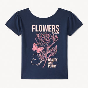 Camiseta de manga corta con flores bordadas y lentejuelas para niña 