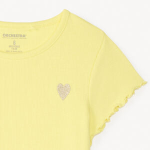 Camiseta de manga corta de punto acanalado con bordado de corazón para niña 