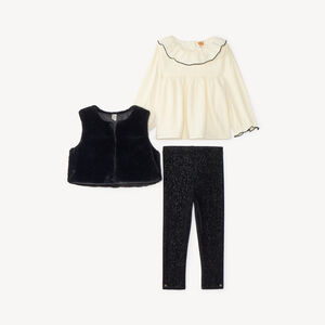Conjunto de 3 piezas bebé niña, blusa y chaleco de piel sintética. 