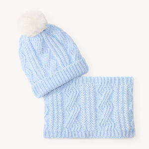 Ensemble bonnet et snood fille en tricot à torsades avec pompon 