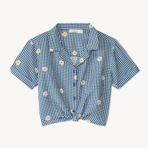 Camisa de cuadros de manga corta con bordado de flores para niña 