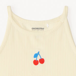 Camiseta corta de punto acanalado con bordado de cereza para niña. 