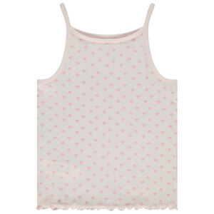 Camiseta de tirantes de canalé con festón y estampado fantasía niña 