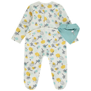 Pelele efecto acanalado con estampado fantasía + babero para bebé niño con diferentes aperturas según la edad 