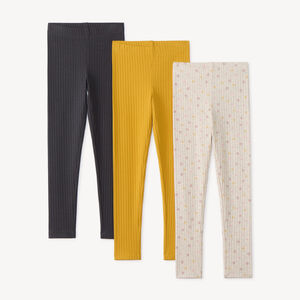 Lote de 3 leggings de niña de canalé, lisos y estampados. 