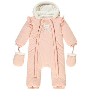 Combi-pilote à capuche avec lapin brodé et noeud fantaisie pour bébé fille 