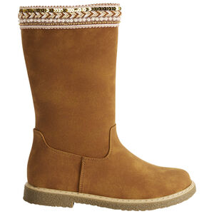Botas marrones con cremallera y galón textil con perlas y lentejuelas para niña 