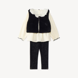 Conjunto de 3 piezas bebé niña, blusa y chaleco de piel sintética. 
