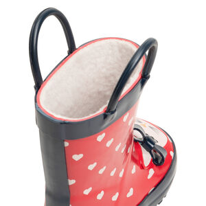 Botas de agua de niña con estampado de corazones y conejito. 
