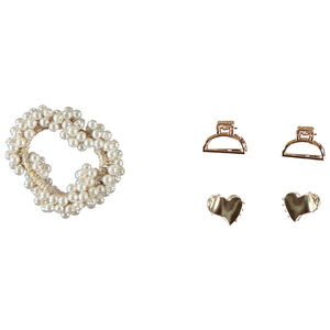 Set de 4 clips dorados + 1 coletero de perlas nacaradas para niña  Main Set de 4 clips dorados + 1 coletero de perlas nacaradas para niña