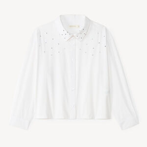 Camisa blanca de manga larga para niña con detalles de strass. 