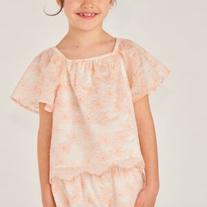 Conjunto de 2 piezas camiseta + pantalón corto en bordado de flores bicolores niña. 