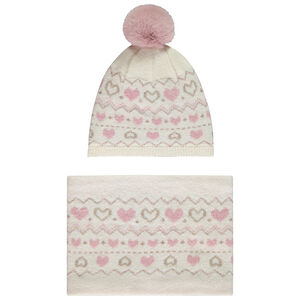 Conjunto de gorro + bufanda de punto fantasia con pompón para niña 