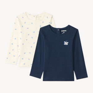 Conjunto de 2 camisetas de manga larga para niña, una lisa y otra estampada. 