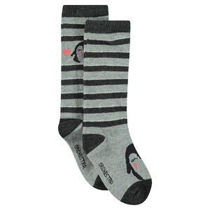 Juego de 2 pares de calcetines altos de rayas con estampado de pinguino 