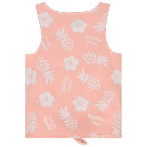 Camiseta sin mangas coral con estampado fantasía y nudo decorativo niña 