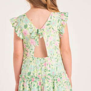 Ropa de niña con mangas cortas, estampada de flores y abertura en la espalda. 