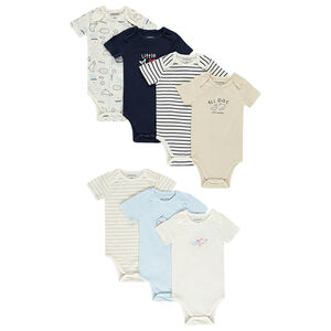 Lote de 7 Bodies de manga corta con motivos de ballenas para bebé niño con aperturas diferentes según la edad. 
