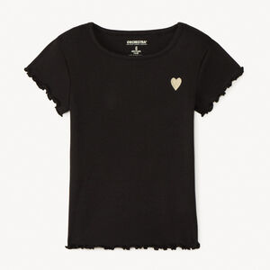 Camiseta de manga corta de punto acanalado con corazón bordado para niña 