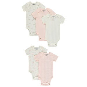 Lote de 5 Bodies de manga corta con diseños variados para niña con aberturas diferentes según la edad. 