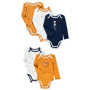 Pack de 5 bodies manga larga con estampado de corazones y conejitos para bebé niña 