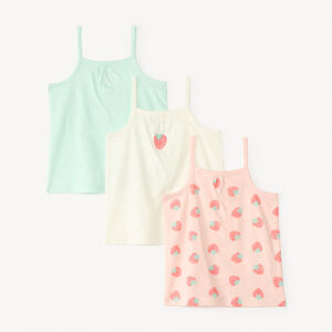 Lote de 3 camisetas sin mangas con estampado de fresas para niña. 