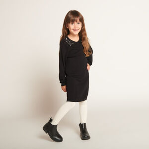 Robe unie en tricot et col claudine à strass pour fille   Main Robe unie en tricot et col claudine à strass pour fille