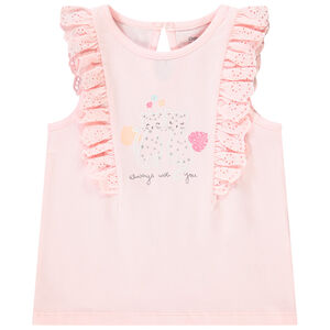 Camiseta sin mangas estampada con volantes en encaje inglés para niña. 