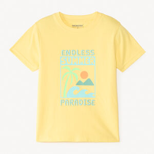 Camiseta de manga corta lisa con estampado y bordado de fantasía veraniega para niño. 