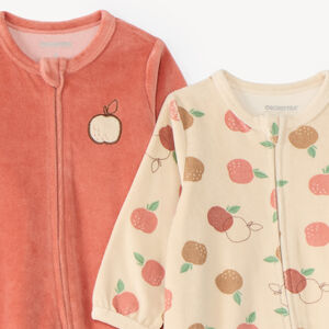 Conjunto de 2 pijamas de terciopelo con cremallera para bebé niña con estampado de manzana. 
