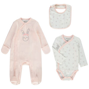 Set pelele en terciopelo + body + babero estampado conejos para bebé niña 
