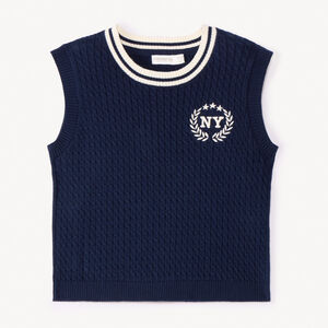 Pull sans manches en tricot torsade et broderie pour fille   Main Pull sans manches en tricot torsade et broderie pour fille