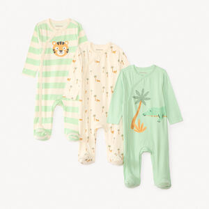 Lote de 3 pijamas de motivos de sabana para bebé niño con aperturas diferentes según la edad. 