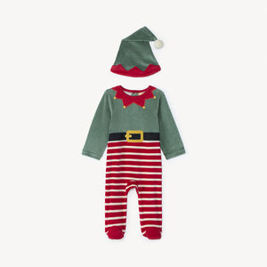 Conjunto divertido de pijama de duende navideño + gorro de terciopelo para bebé 