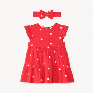 Conjunto de vestido de manga corta + diadema con estampado de corazones para bebé niña 