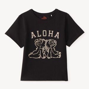 Camiseta de niña de manga corta con bordado de Stitch y Angel. 