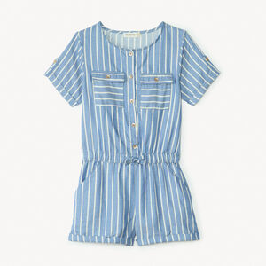 Mono de mezclilla con rayas blancas para niña. 