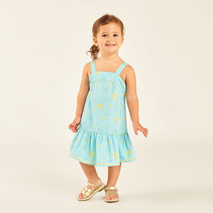 Vestido de tirantes en tela tubular con estampado de conchas y flores para niña bebé. 