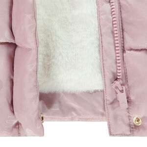 Chaqueta larga de niña con estampado de corazones y pelo sintético en la capucha 