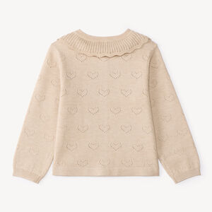 Chaleco de punto calado en forma de corazón para bebé niña con cuello volante. 