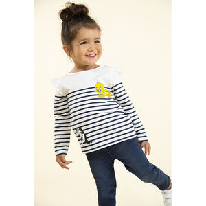 T-shirt manches longues en jersey esprit marinière print et broderie Titi et Grosminet pour bébé fille Main T-shirt manches longues en jersey esprit marinière print et broderie Titi et Grosminet pour bébé fille