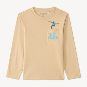 Camiseta de manga larga con bolsillo y estampado divertido para niño. 