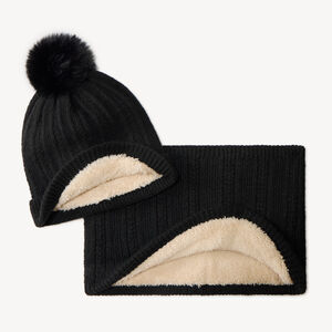 Ensemble bonnet et snood fille en tricot à côtes doublé sherpa 