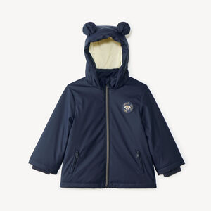 Parka de goma para bebé niño forrada de micropolar con capucha con orejas. 
