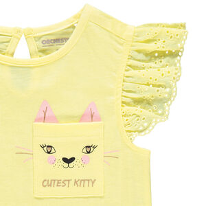 Camiseta de manga corta con volantes y bolsillo estampado 